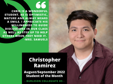 Christopher Ramirez August/September 2022 Student of the Month